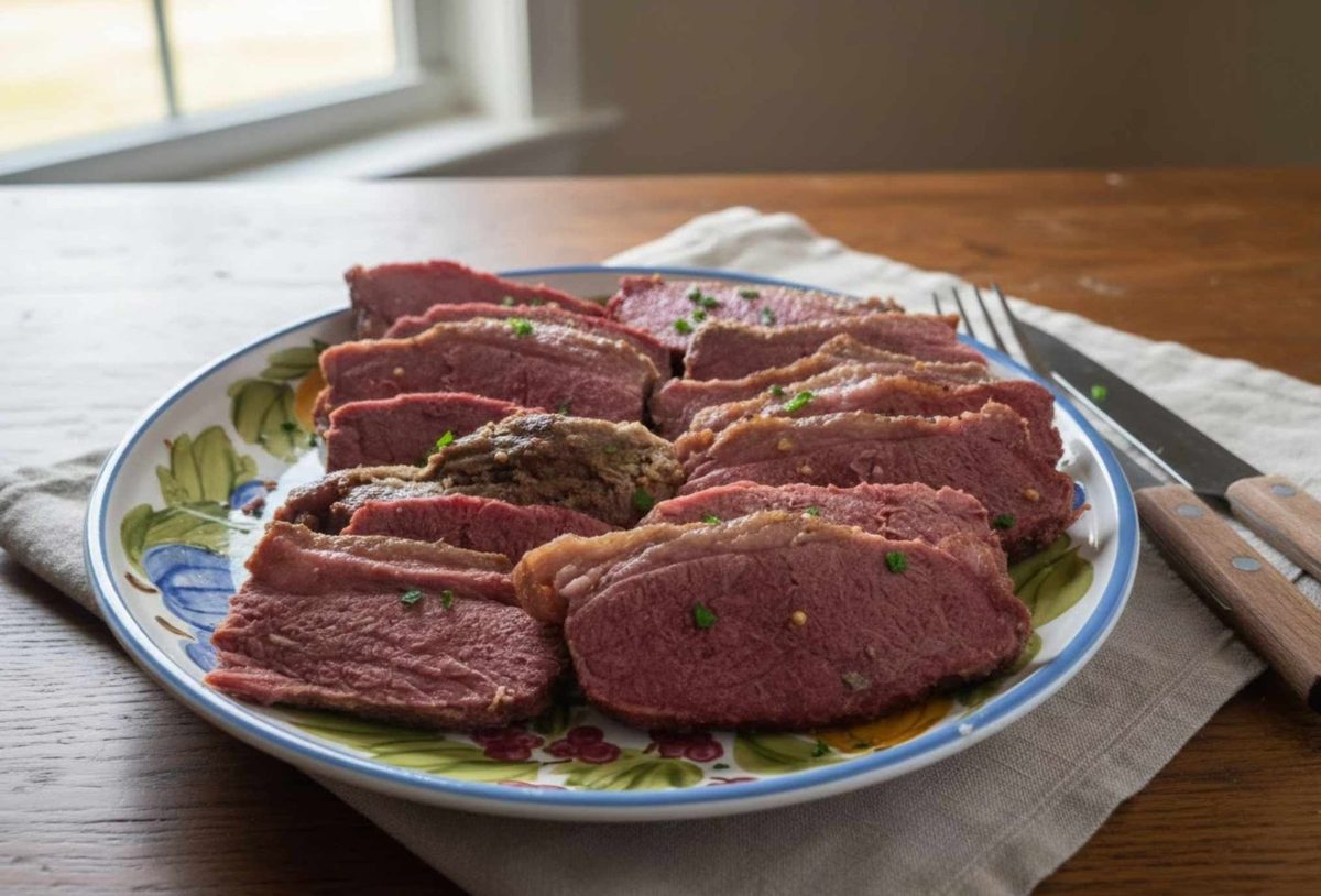 Sliced corned beef on a plate