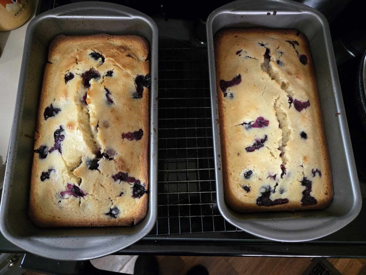Two sweet bread loaves in their tins