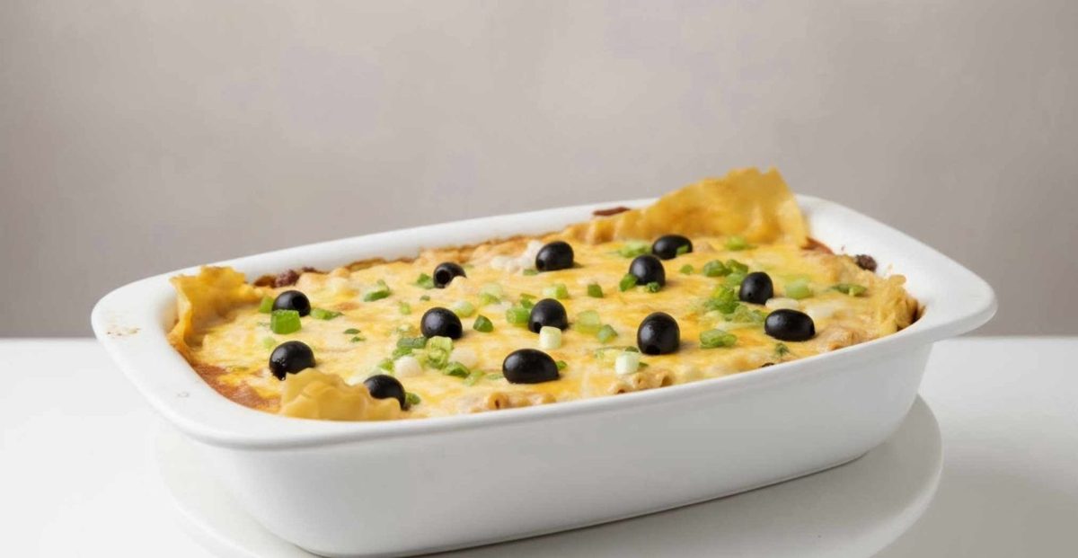 Mexican Lasagna in a white dish