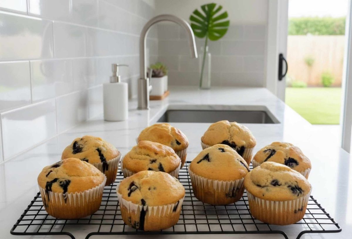 Blueberry muffins on a rack