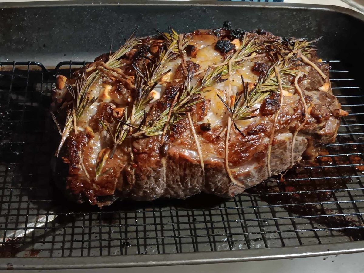 Prime rib roast on a rack